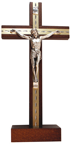 Beech Wood Standing Crucifix 9 1/2 inch Metal Inlaid
